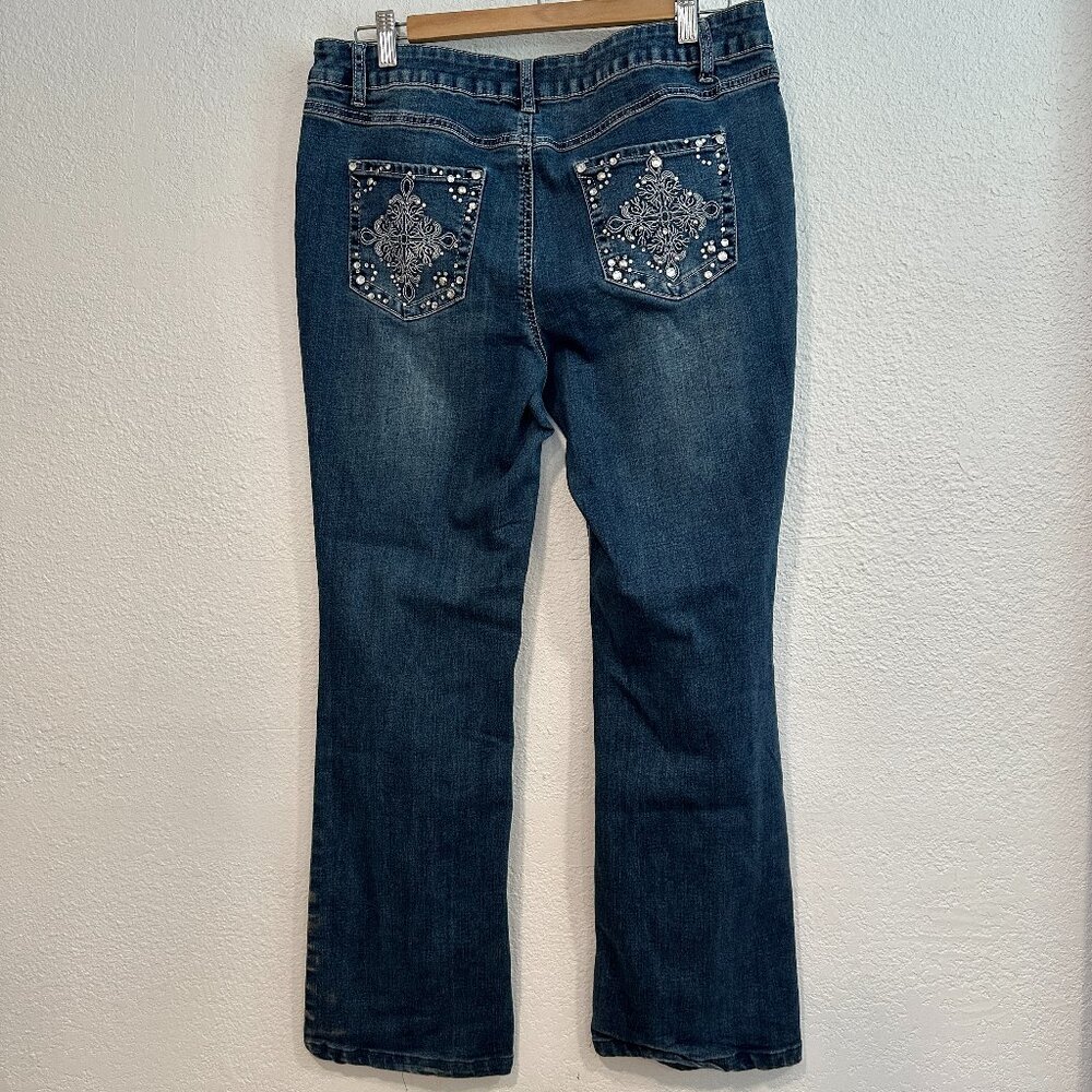 Project Indigo Bootcut Blue Jeans Rhinestone Detail Stretch X34xL28 Womens Sz 12